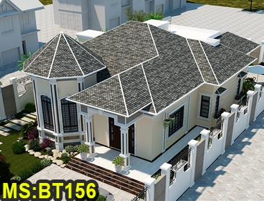 Mẫu thiết kế biệt thự mái nhật 1 tầng tân cổ điển có sân vườn và 4 phòng ngủ ở Bến Tre