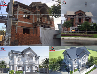 Thi công biệt thự tân cổ điển 2 tầng 2 mặt tiền mái thái 9x18m có sân vườn và 4 phòng ngủ ở bến lức